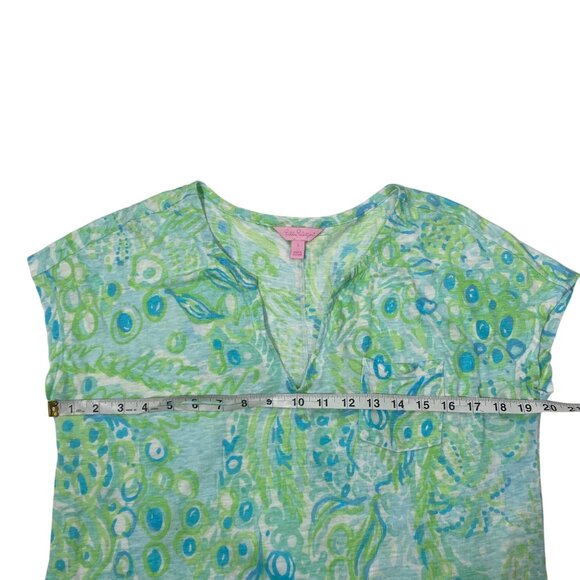 Lilly Pulitzer Womens S Top Green/Blue Pattern 100% Linen cap Sleeve Casual Shir - Picture 6 of 7